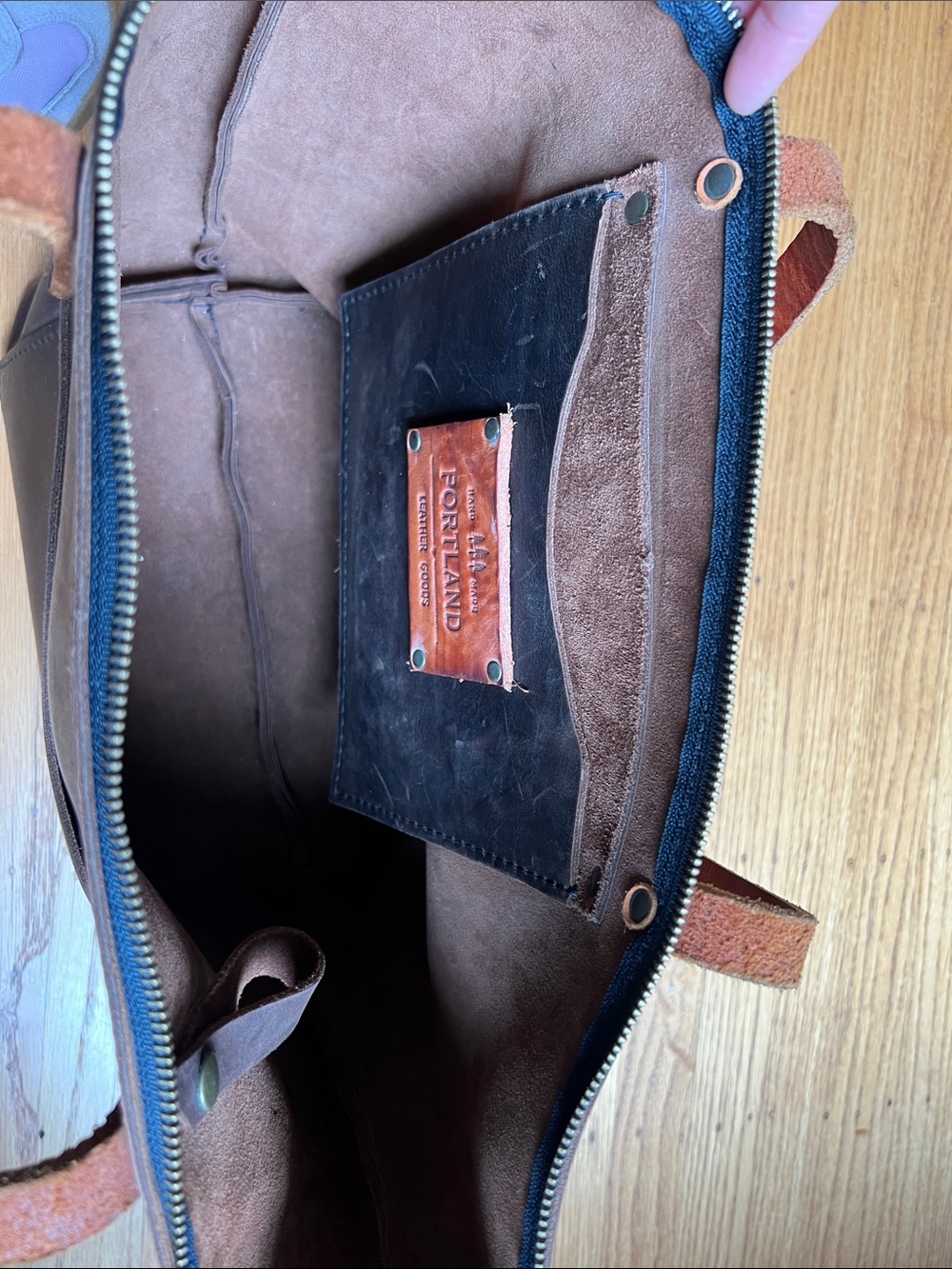 Portland Leather Dark Brown Large Full-Grain Leather Tote with Tan Straps - Picture 3 of 4